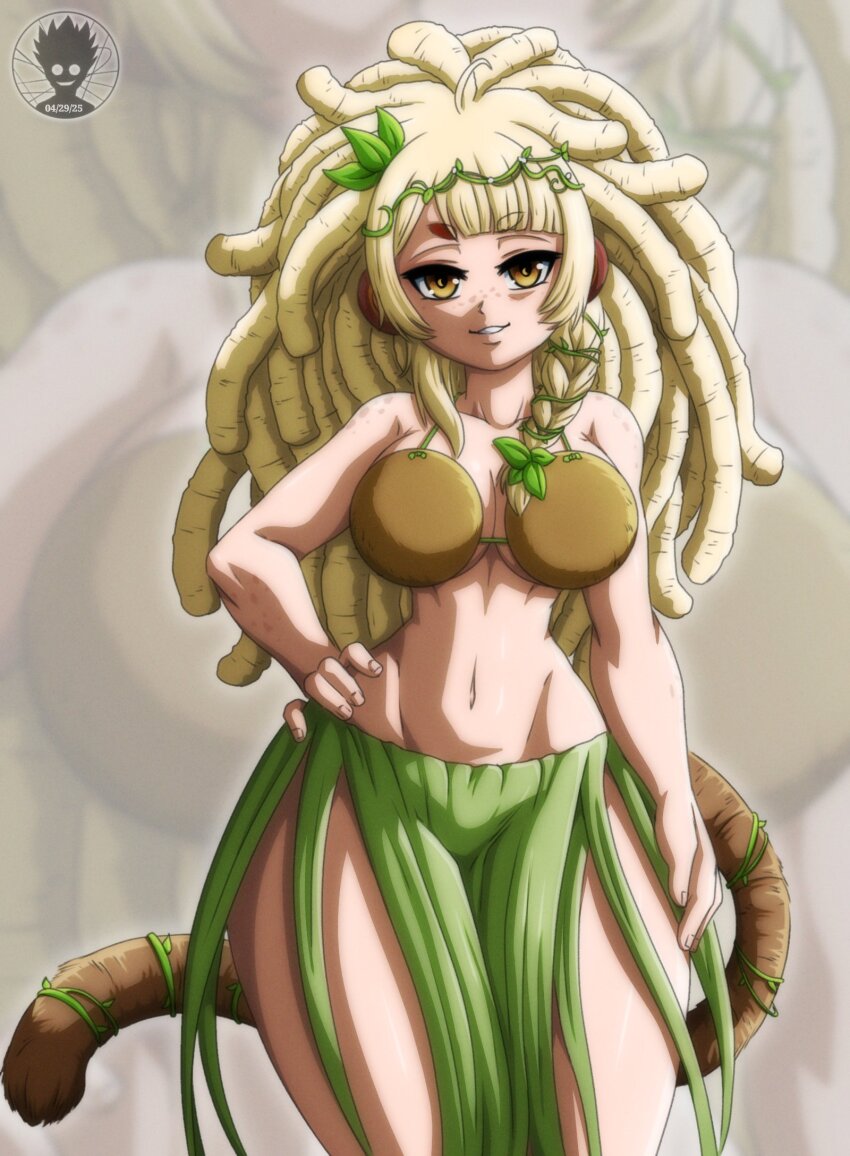 1girl, animal_ears, artist_logo, bananajuju, blonde_hair, brown_eyes, brown_tail, coconut_bra, dreadlocks, grass_skirt, hand_on_own_hip, highres, indie_virtual_youtuber, logo, long_hair, looking_at_viewer, monkey_ears, monkey_girl, monkey_tail, navel, plant_clothing, solo, suture_art, tail, virtual_youtuber, zoom_layer