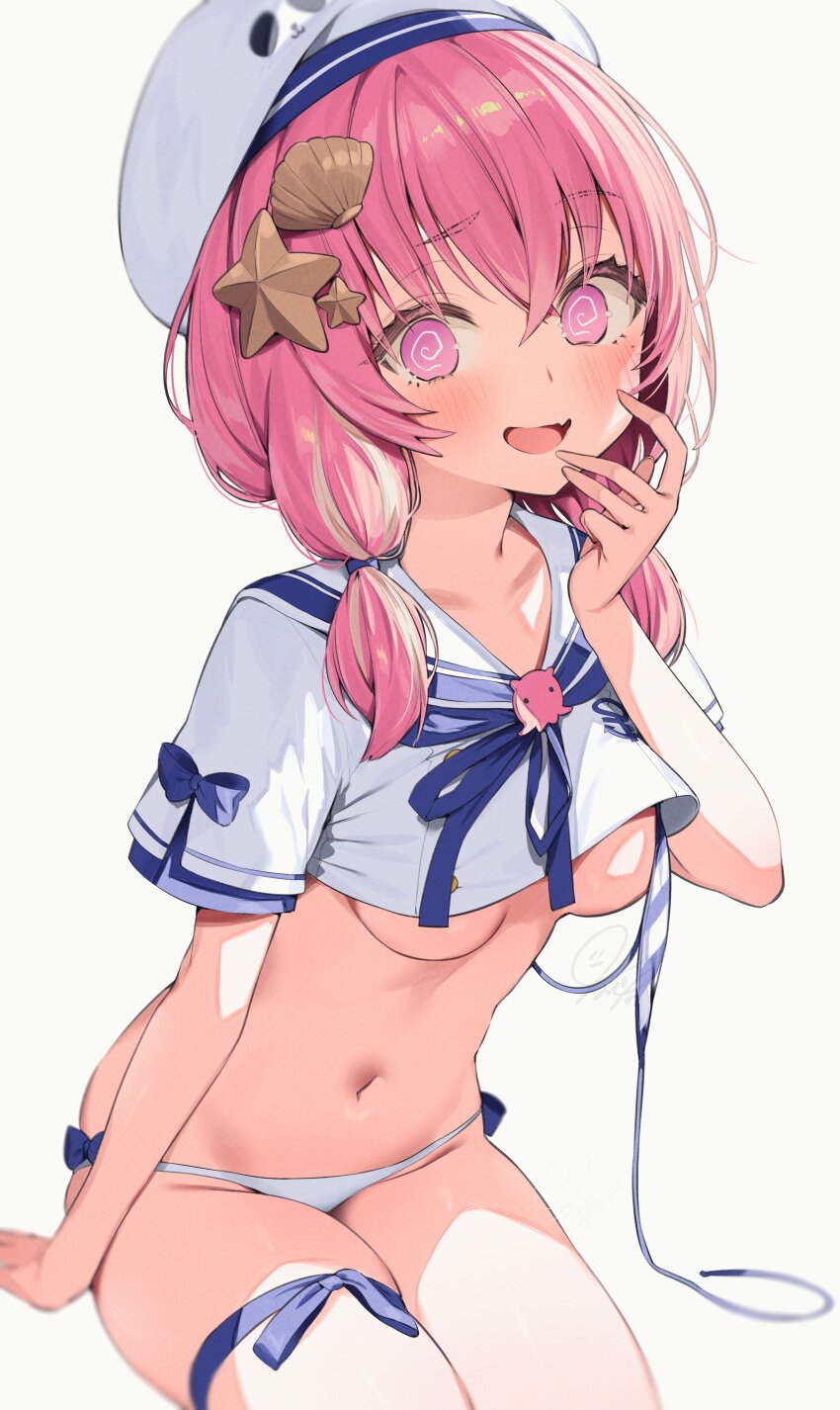 1girl, @_@, absurdres, arm_support, bikini, breasts, cropped_shirt, fang, hair_ornament, hand_up, hat, highres, itohana, low_twintails, medium_breasts, navel, nijisanji, open_mouth, pink_eyes, pink_hair, sasaki_saku, sasaki_saku_(3rd_costume), shell, shell_hair_ornament, shirt, short_sleeves, sitting, skin_fang, starfish_hair_ornament, swimsuit, thigh_strap, thighs, twintails, underboob, untied_bikini_top, virtual_youtuber, white_bikini, white_hat, white_shirt