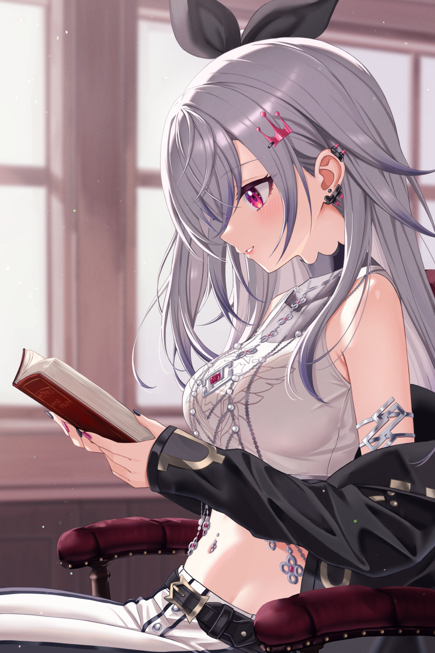 1girl, 4kimizuki, absurdres, belt, black_belt, black_jacket, book, breasts