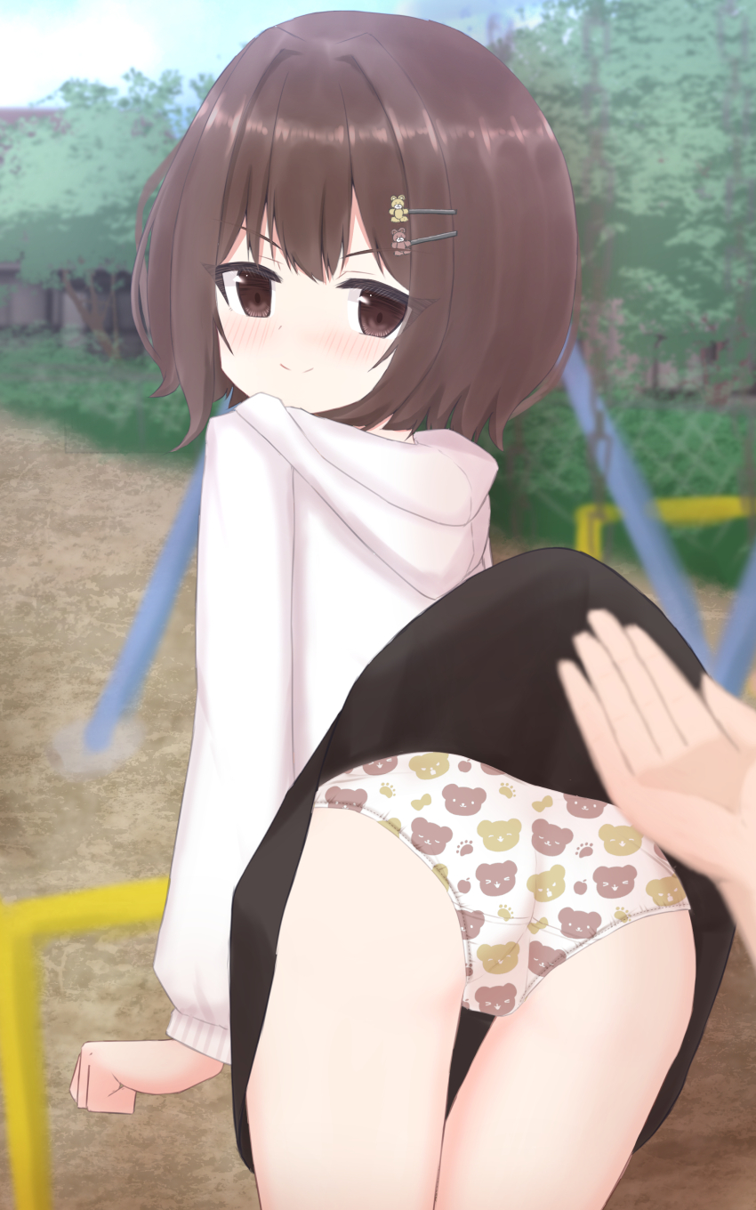 1girl, absurdres, animal_hair_ornament, animal_print, apple_panties, apple_print, ass, bear_hair_ornament