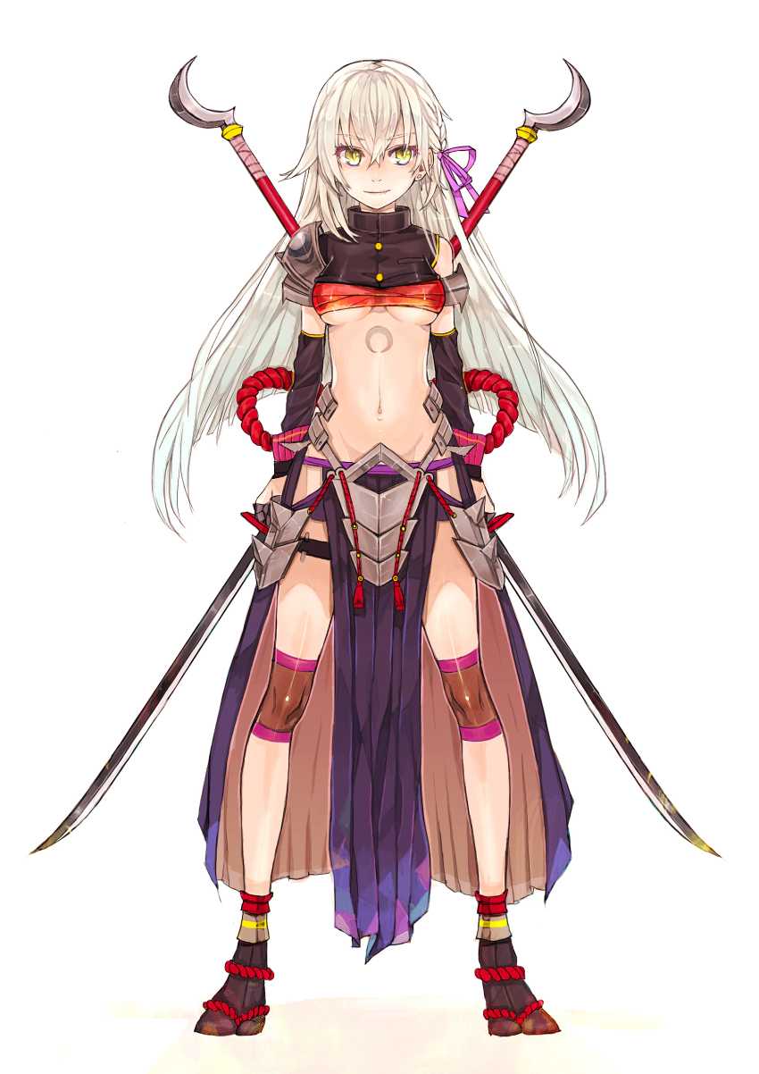 1girl, armor, braid, breasts, crescent, detached_sleeves, dual_wielding, earrings, fang, female_focus, hair_ribbon, highres, holding, jewelry, katana, long_hair, midriff, navel, original, ribbon, slit_pupils, solo, soono_(rlagpfl), sword, tabi, tattoo, underboob, weapon, yellow_eyes