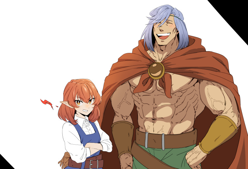1boy, 1girl, :d, abs, absurdres, belt, blue_hair, bracer