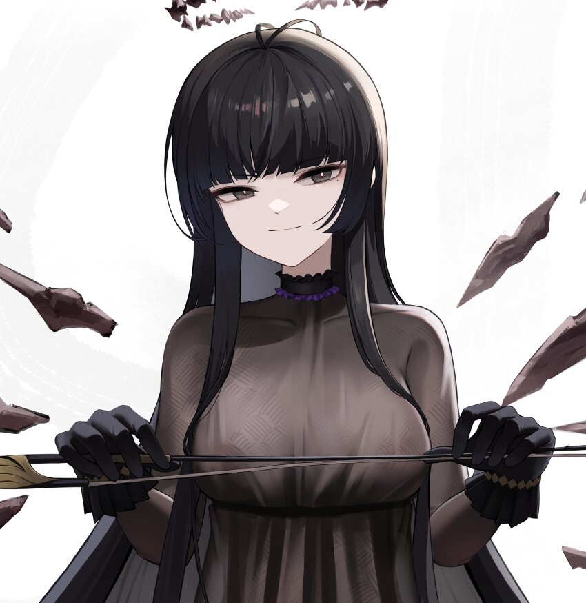 1girl, absurdres, arknights, black_eyes, black_gloves, black_hair, black_halo, blunt_bangs