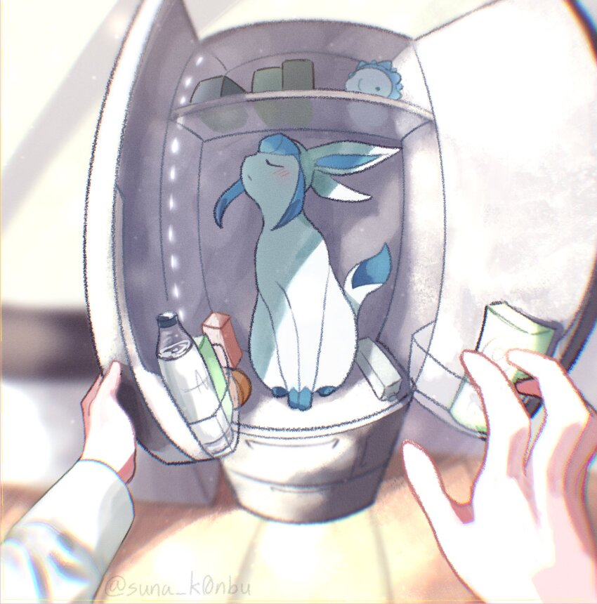 1other, artist_name, blush, bottle, closed_eyes, closed_mouth, fisheye, gen_4_pokemon, gen_8_pokemon, glaceon, highres, in_container, in_refrigerator, indoors, nintendo, pokemon, pokemon_(creature), pokemon_focus, pov, pov_hands, refrigerator, shirt, sitting, snom, solo_focus, suna_k0nbu, turning_head, twitter_username, water_bottle, white_shirt
