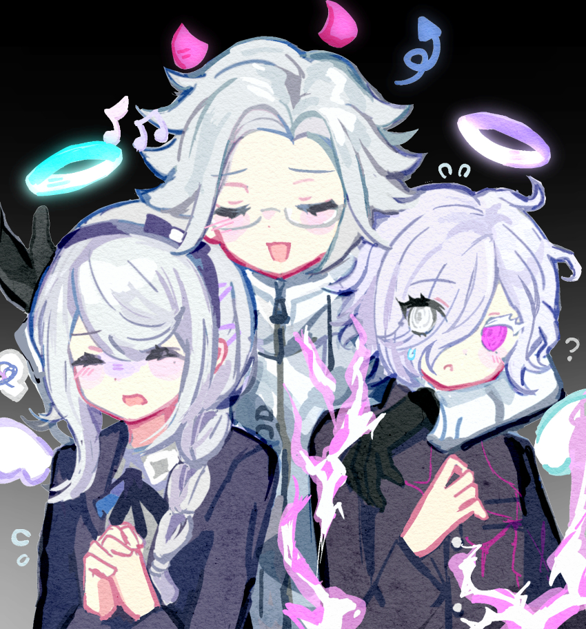 1girl, 2boys, ?, absurdres, aotsuki_eito, black_gloves, black_hairband, blue_halo