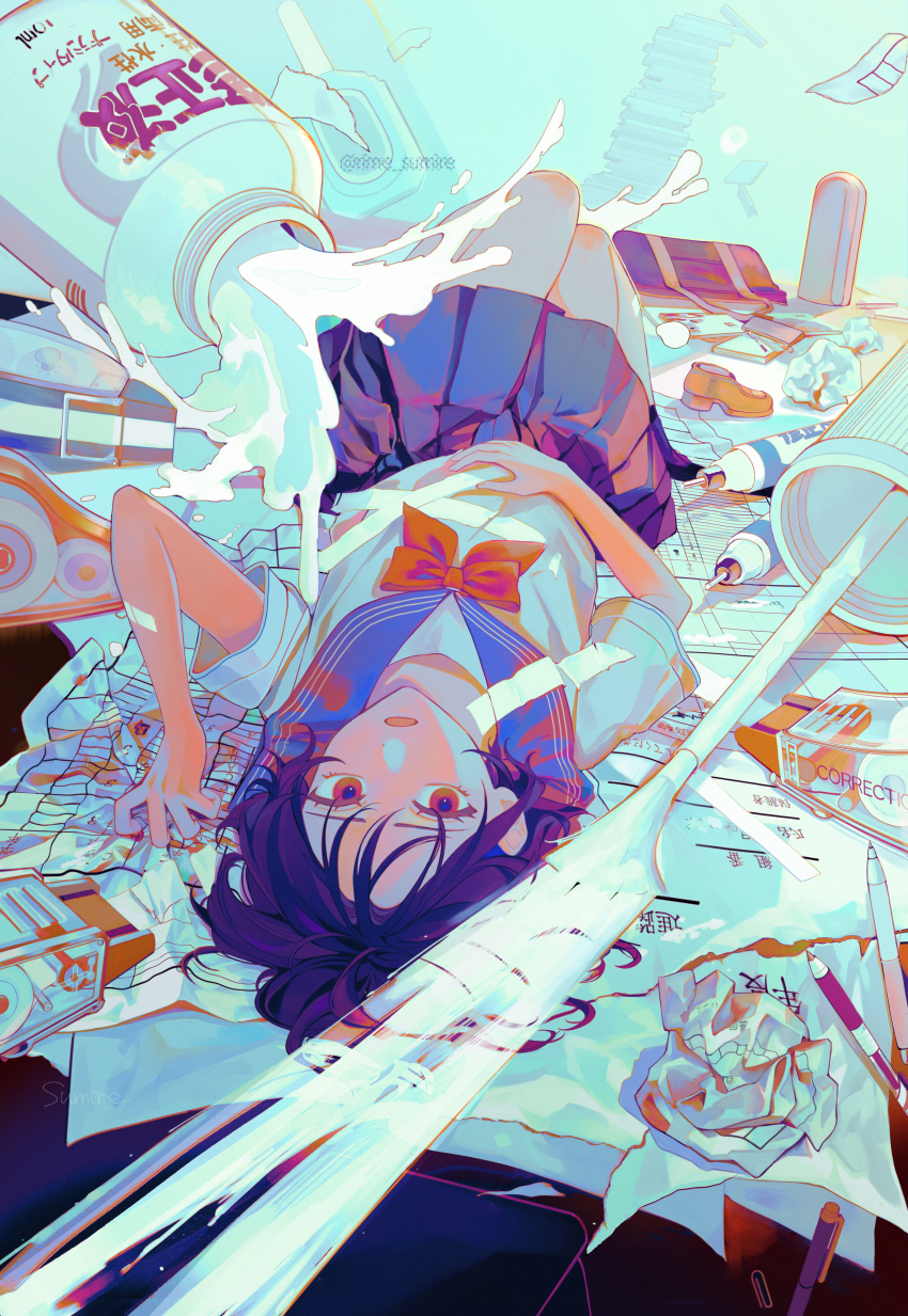 1girl, absurdres, academic_test, bag, black_hair, blue_skirt, bow, commentary_request