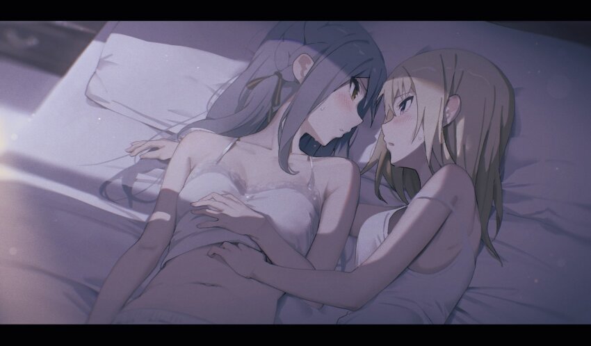 2girls, arm_at_side, arm_around_another's_back, bang_dream!, bang_dream!_it's_mygo!!!!!, bed, black_ribbon, blonde_hair