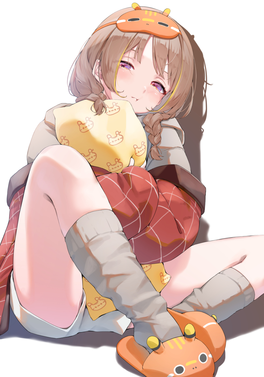 1girl, absurdres, akabeko, braid, brown_hair, grey_hoodie, grey_socks, half-closed_eyes