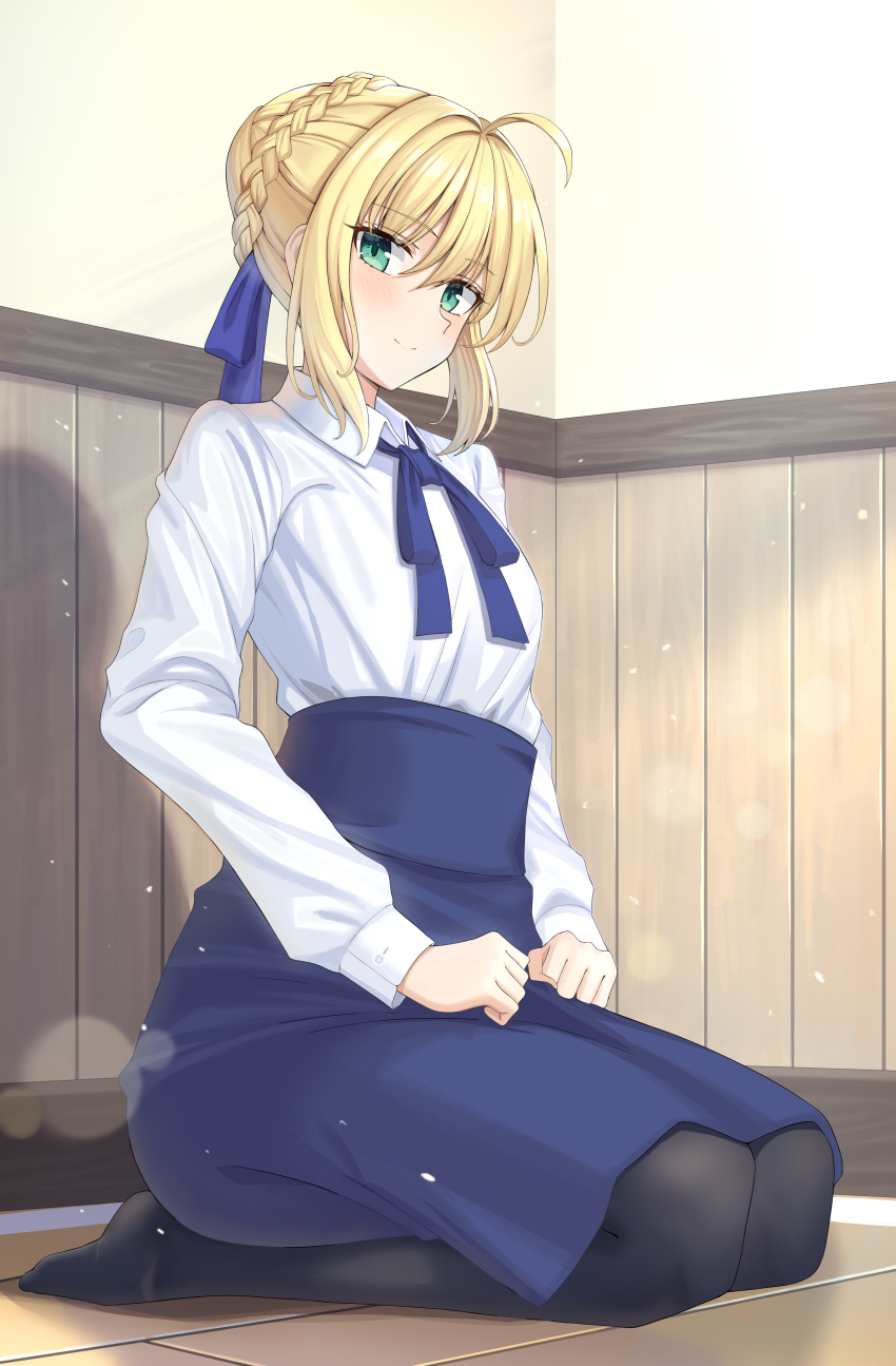 1girl, absurdres, artoria_pendragon_(fate), black_pantyhose, blonde_hair, blue_bow, blue_skirt, blush