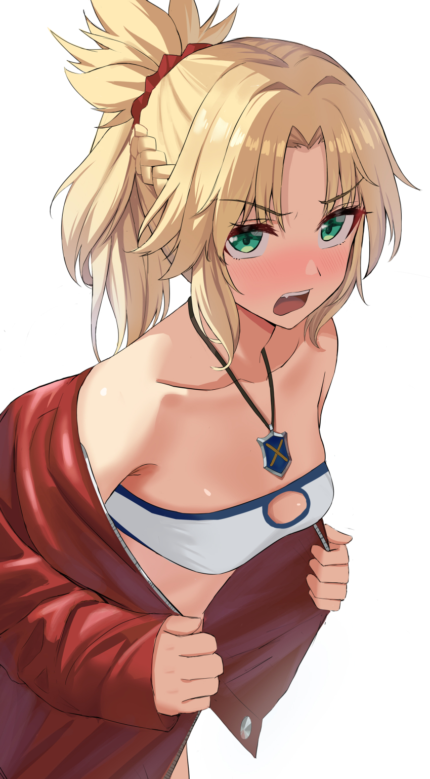 1girl, absurdres, blonde_hair, blush, breasts, cutoffs, fate/apocrypha, fate/grand_order, fate_(series), green_eyes, hair_ornament, hair_scrunchie, highres, jacket, jishui3q, long_hair, looking_at_viewer, mordred_(fate), mordred_(fate/apocrypha), mordred_(memories_at_trifas)_(fate), open_mouth, ponytail, red_jacket, red_scrunchie, scrunchie, simple_background, small_breasts, solo, white_background