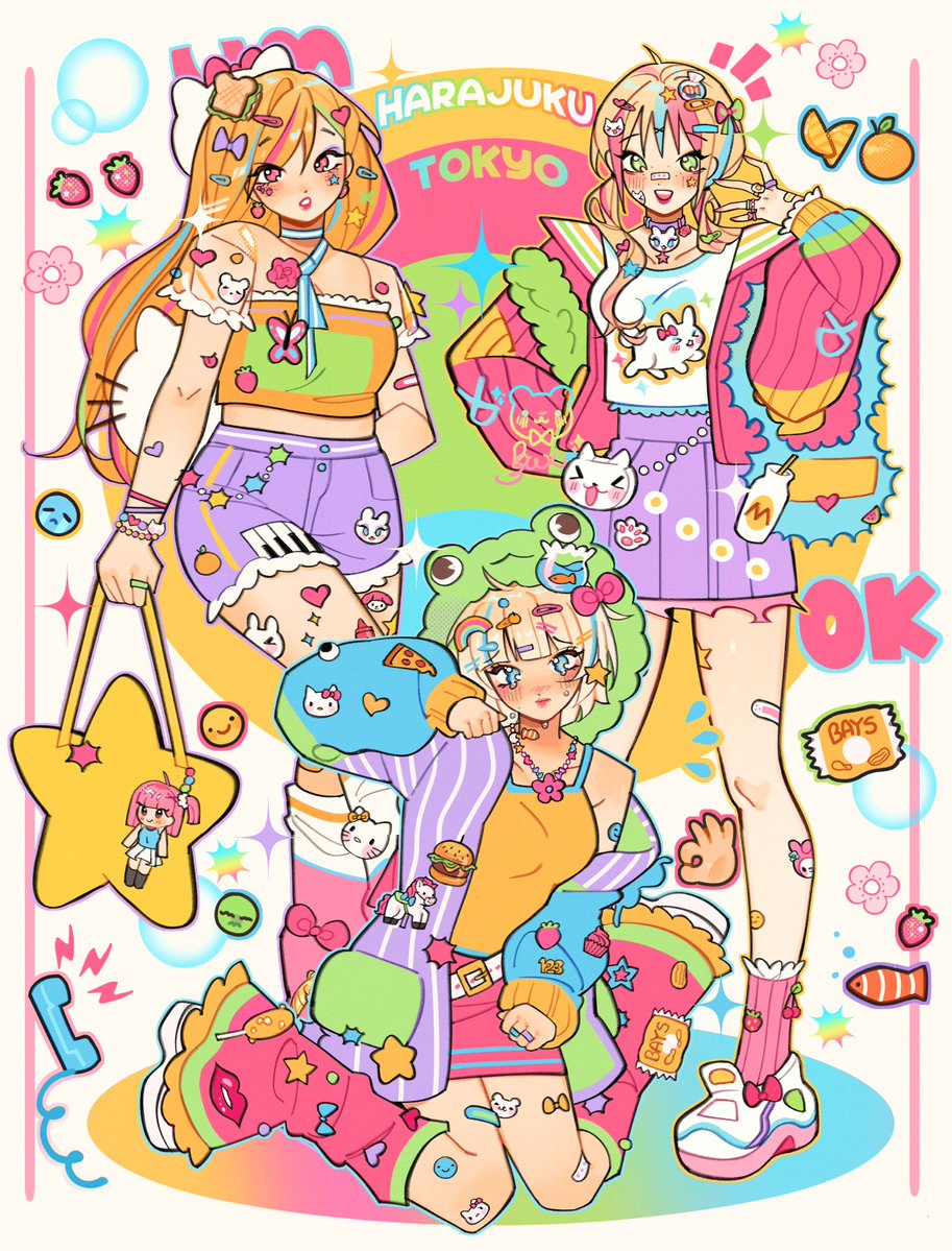 3girls, bag, bag_charm, bead_necklace, beads, blonde_hair, breasts, burger