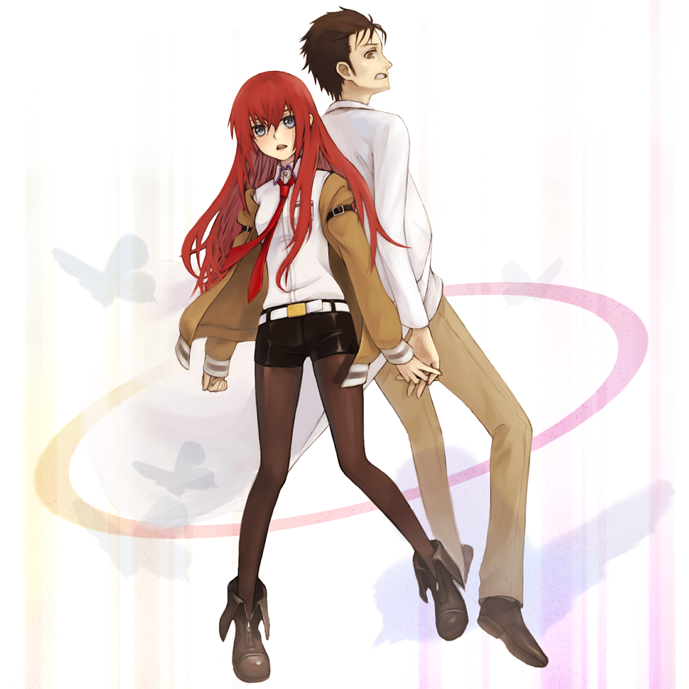 1boy, 1girl, black_hair, brown_hair, brown_pantyhose, hetero, holding_hands, jacket