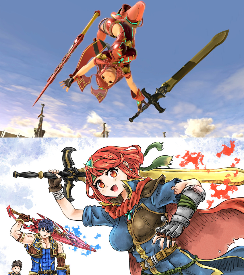 1girl, 2boys, absurdres, aegis_sword_(xenoblade), alternate_costume, blue_fire, blue_hair, bodysuit