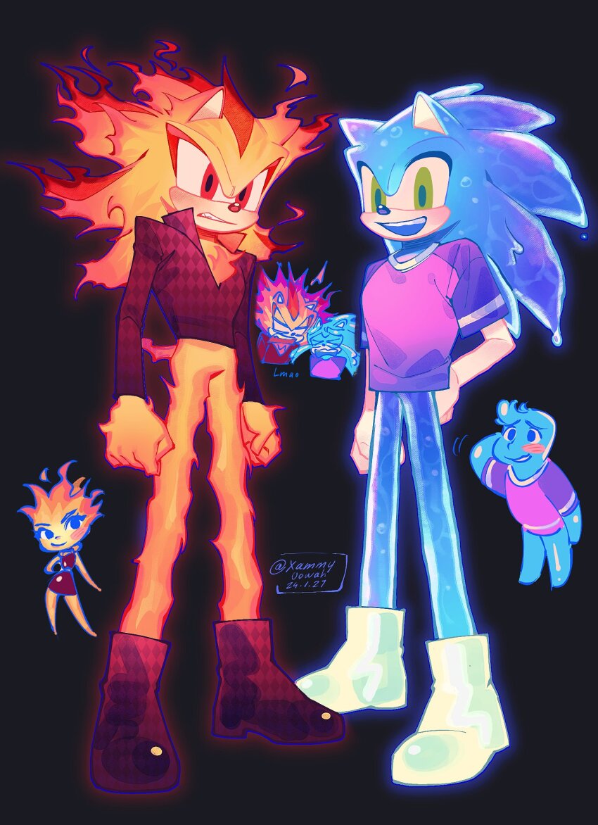 1girl, 3boys, animal_ears, animal_nose, argyle_clothes, argyle_footwear, artist_name, black_background