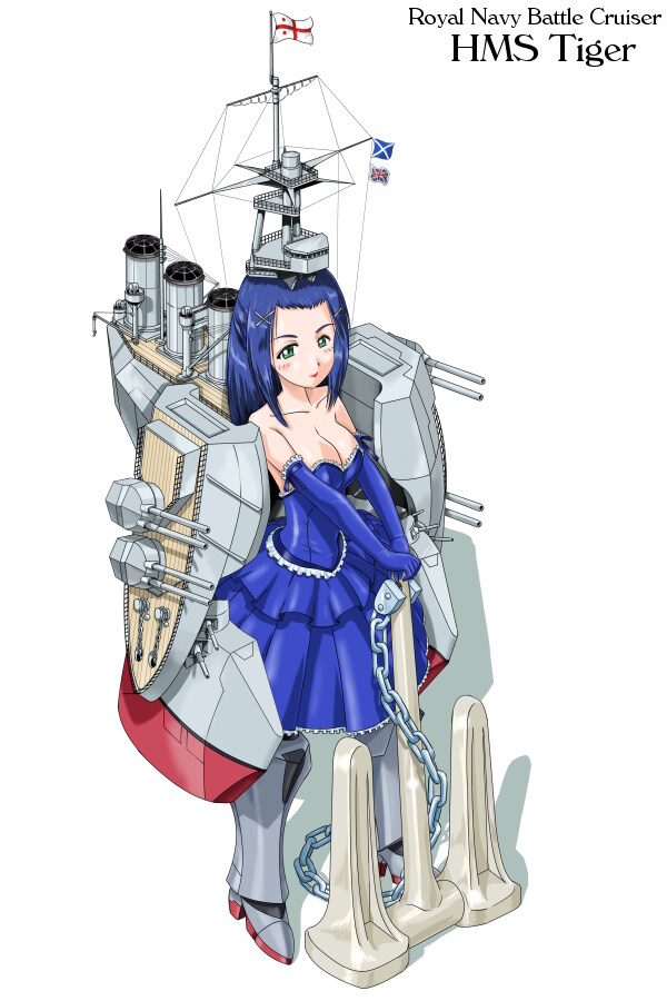 1girl, anchor, armor, bare_shoulders, battlecruiser, blue_hair, chain, chimney