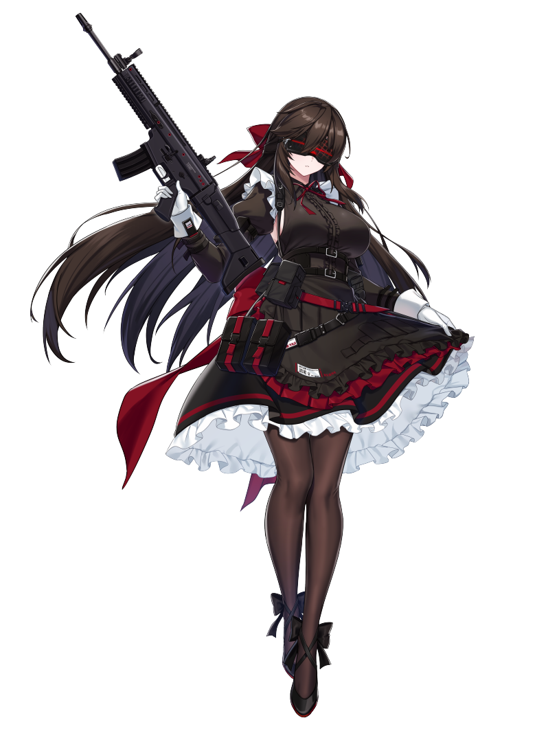1girl, alpha_transparency, assault_rifle, back_bow, belt, black_bow, black_rose_(counter:side), black_shoes, bow, breasts, brown_hair, center_frills, commentary, counter:side, covered_eyes, english_commentary, floating_hair, footwear_bow, frilled_skirt, frills, gloves, gun, hair_between_eyes, hair_bow, head-mounted_display, holding, holding_gun, holding_own_skirt, holding_weapon, juliet_sleeves, large_breasts, layered_skirt, long_hair, long_sleeves, maid, multiple_belts, neck_ribbon, official_art, pantyhose, parted_lips, pouch, puffy_sleeves, red_bow, red_ribbon, ribbon, rifle, shoes, simple_background, skirt, solo, standing, tachi-e, tactical_maid, transparent_background, trigger_discipline, unconventional_maid, underbust, very_long_hair, weapon, white_gloves