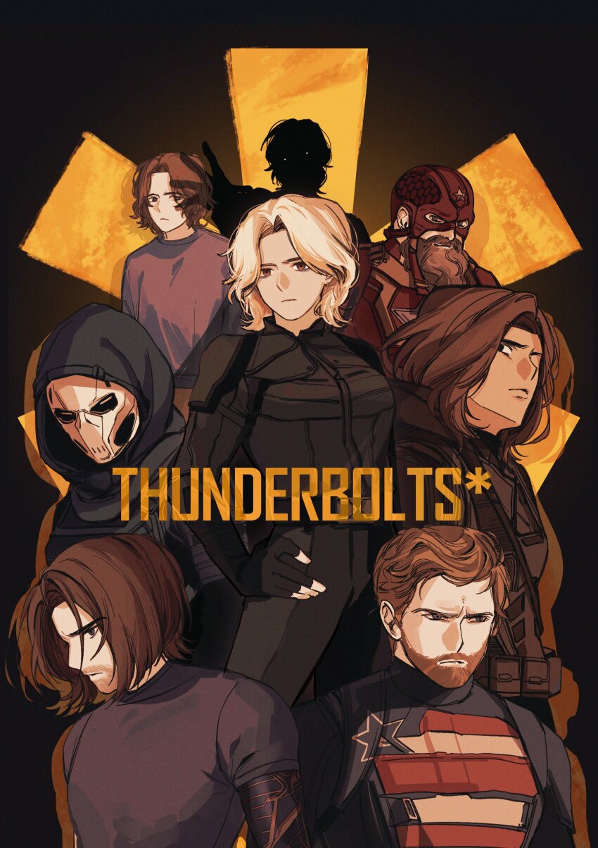 3girls, 5boys, absurdres, animification, beard, black_background, black_bodysuit, black_eyes