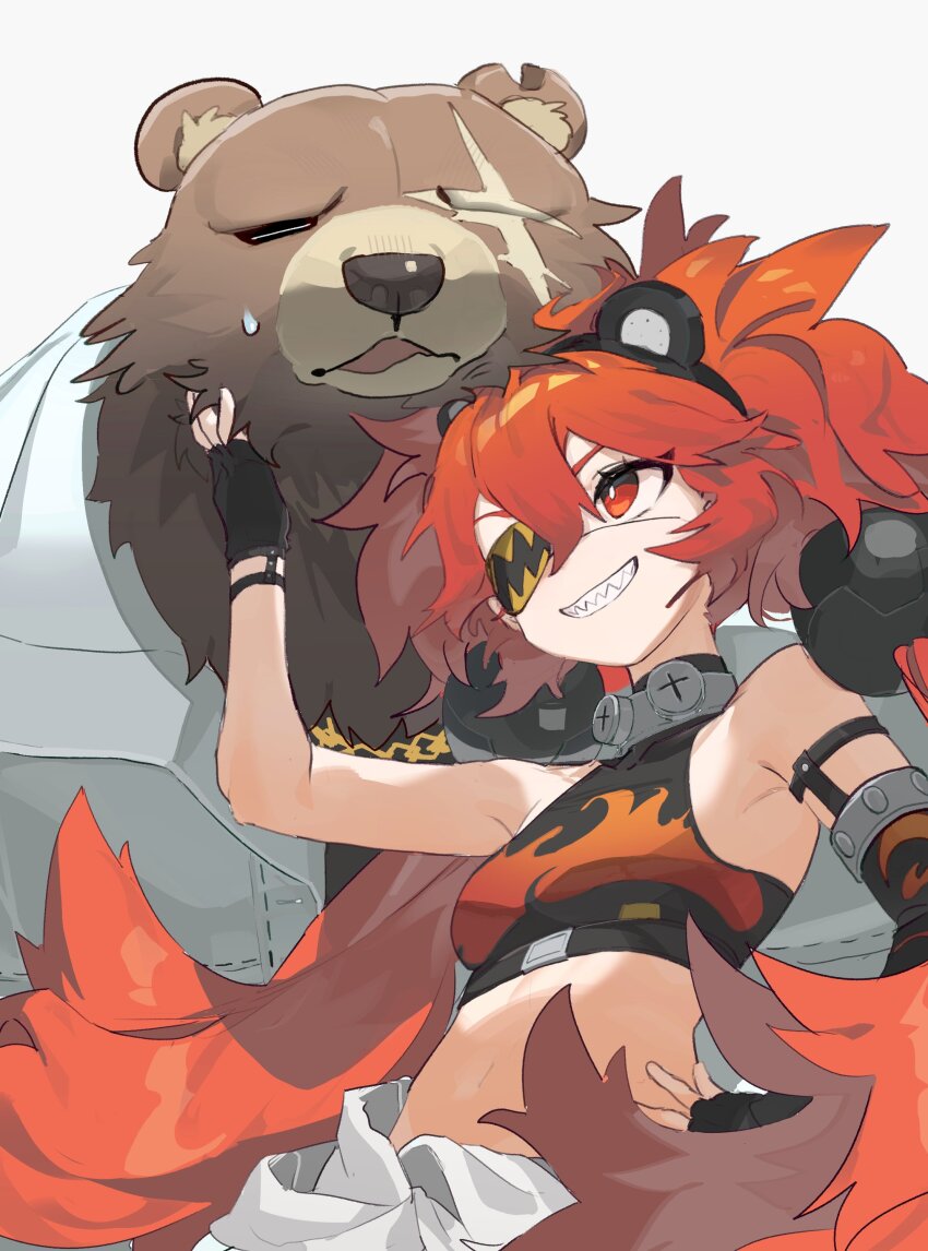 1boy, 1girl, absurdres, animal_ears, bear_boy, bear_ears, ben_bigger, black_tank_top, brown_fur, closed_eyes, clothes_around_waist, eyepatch, fake_animal_ears, fat, fat_man, grin, hair_ornament, hashtag-only_commentary, highres, jacket, jacket_around_waist, koleda_belobog, looking_at_another, loss_kim, midriff, one_eye_closed, one_eye_covered, open_mouth, red_hair, scar, scar_across_eye, scar_on_face, smile, sphere_hair_ornament, sweatdrop, tank_top, white_background, white_jacket, zenless_zone_zero