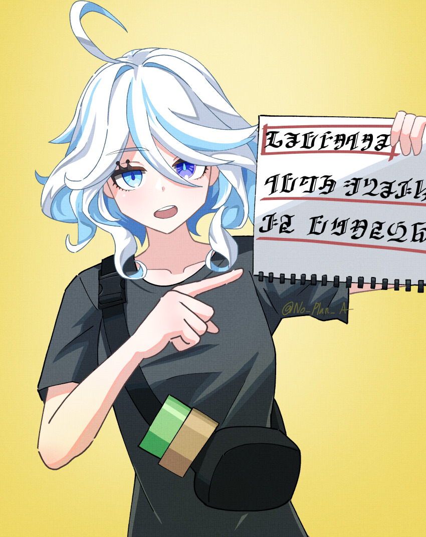 1girl, absurdres, ahoge, alternate_costume, black_bag, black_shirt, blue_eyes, blue_hair