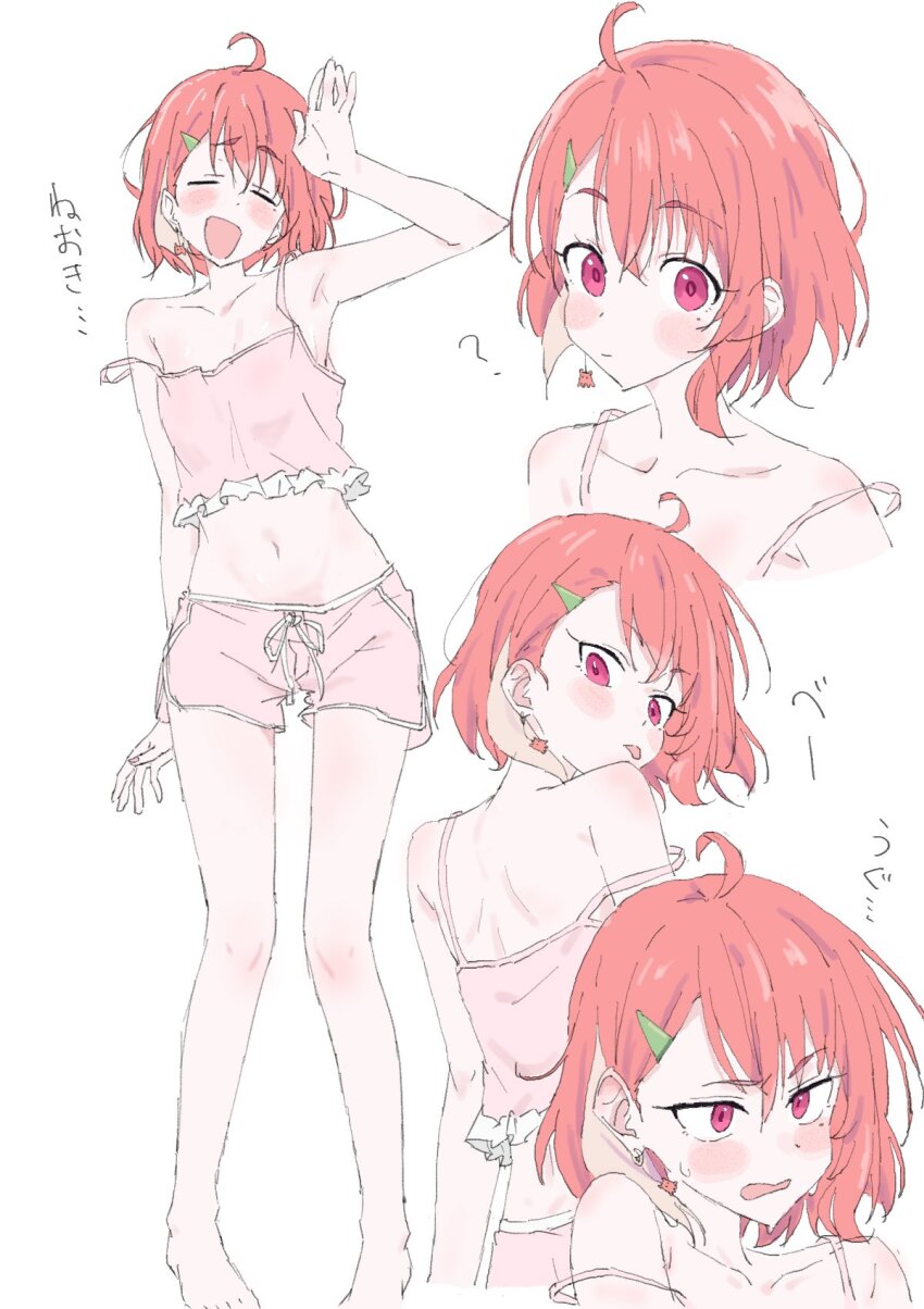 1girl, ?, barefoot, highres, kurumi_(lqpe4ahc6x59784), multiple_views, nijisanji, pajamas