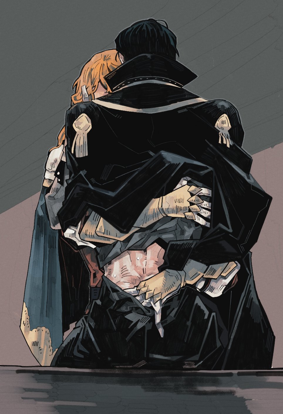 2boys, armor, arms_around_another's_waist, black_cape, black_hair, blue_cape, cape, clothes_pull, commentary_request, ferdinand_von_aegir, ferdinand_von_aegir_(timeskip), fire_emblem, fire_emblem:_three_houses, gauntlets, high_collar, highres, hubert_von_vestra, hubert_von_vestra_(timeskip), long_hair, male_focus, moogyoza, multiple_boys, nintendo, orange_hair, pants, pants_pull, popped_collar, short_hair, tassel, yaoi