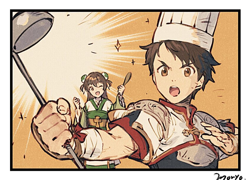 1boy, 1girl, :o, bandaged_arm, bandages, black_hair, brother_and_sister, chef_hat