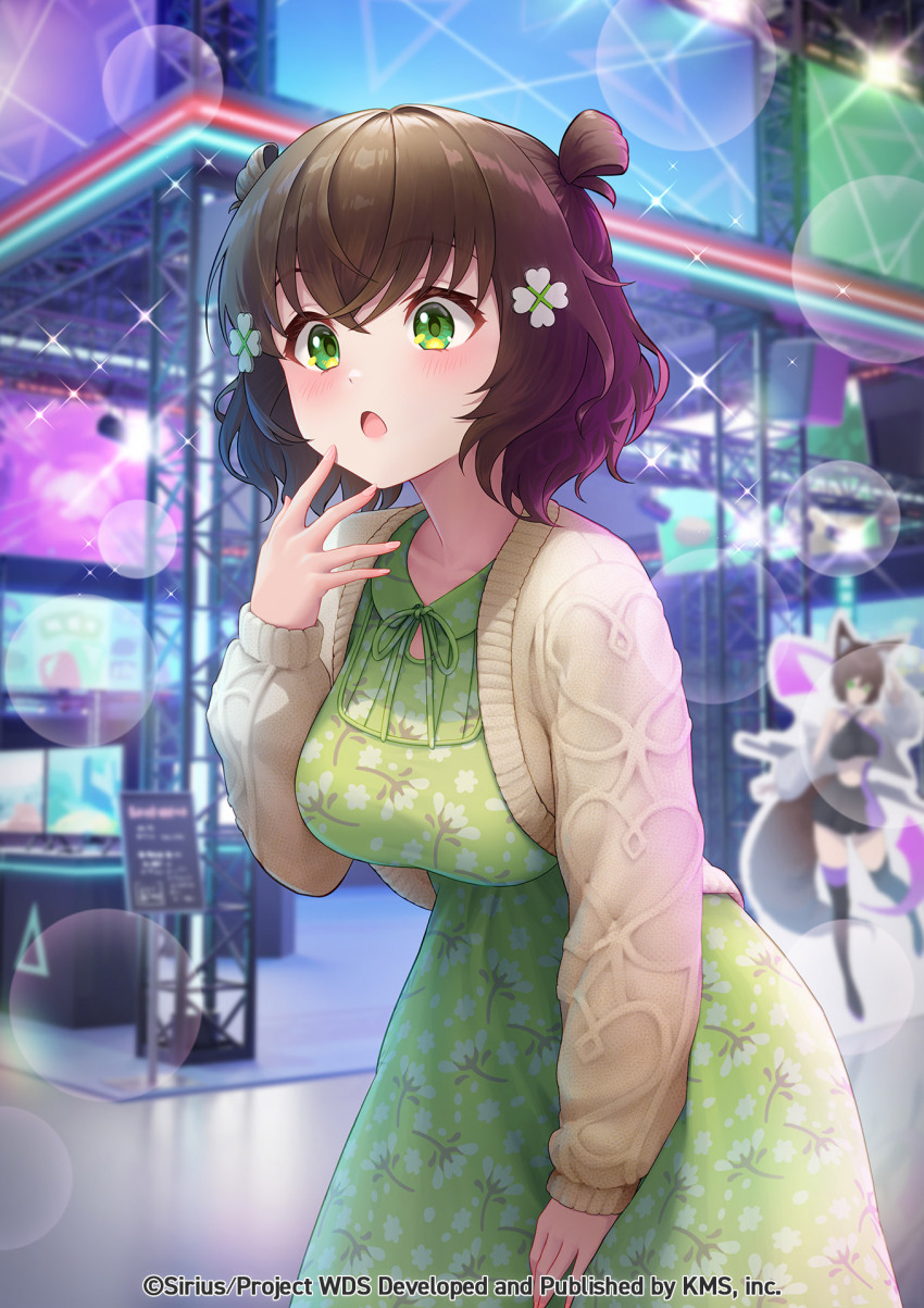 1girl, animal_ears, blurry, blurry_background, blurry_foreground, blush, breasts, brown_hair