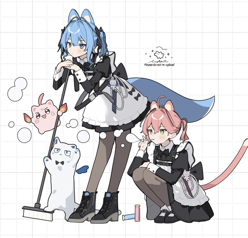2girls, animal_ears, blue_hair, bubble, cat, cat_ears, cat_tail, fox_ears