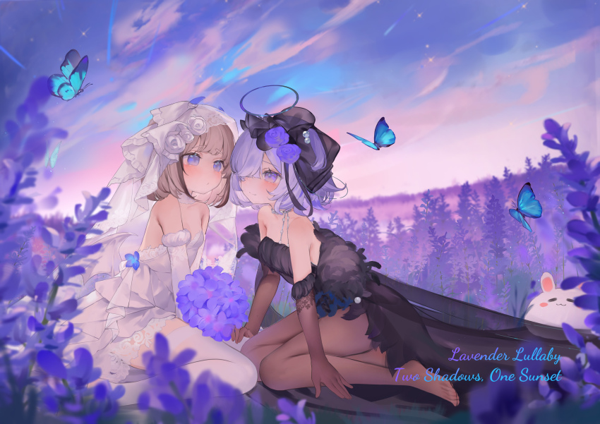 2girls, absurdres, bare_shoulders, black_dress, black_gloves, black_pantyhose, black_vs_white, black_wedding_dress