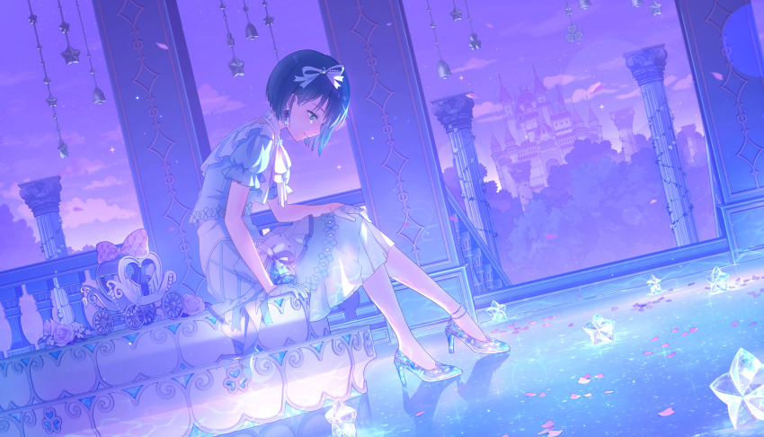 1girl, blue_dress, blue_eyes, blue_hair, carriage, castle, cheer_with_my_heart!_(project_sekai), colorful_palette, dress, flower, frilled_dress, frills, hair_ribbon, highres, kiritani_haruka, looking_down, miniature, official_art, pillar, project_sekai, ribbon, rose, short_hair, sitting, smile, solo, stairs, star_ornament, stone_stairs, third-party_source, white_ribbon