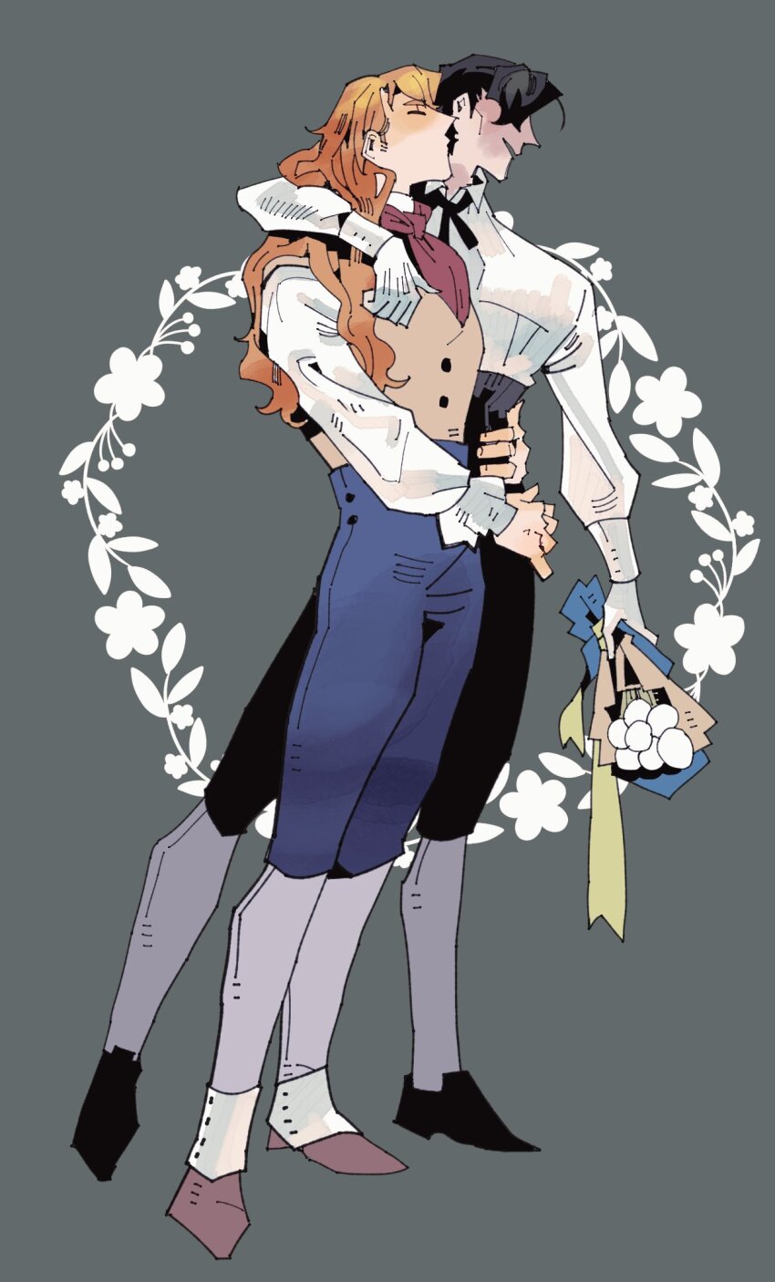 2boys, alternate_costume, arm_around_another's_waist, arm_around_shoulder, ascot, black_hair, black_pants, black_shoes