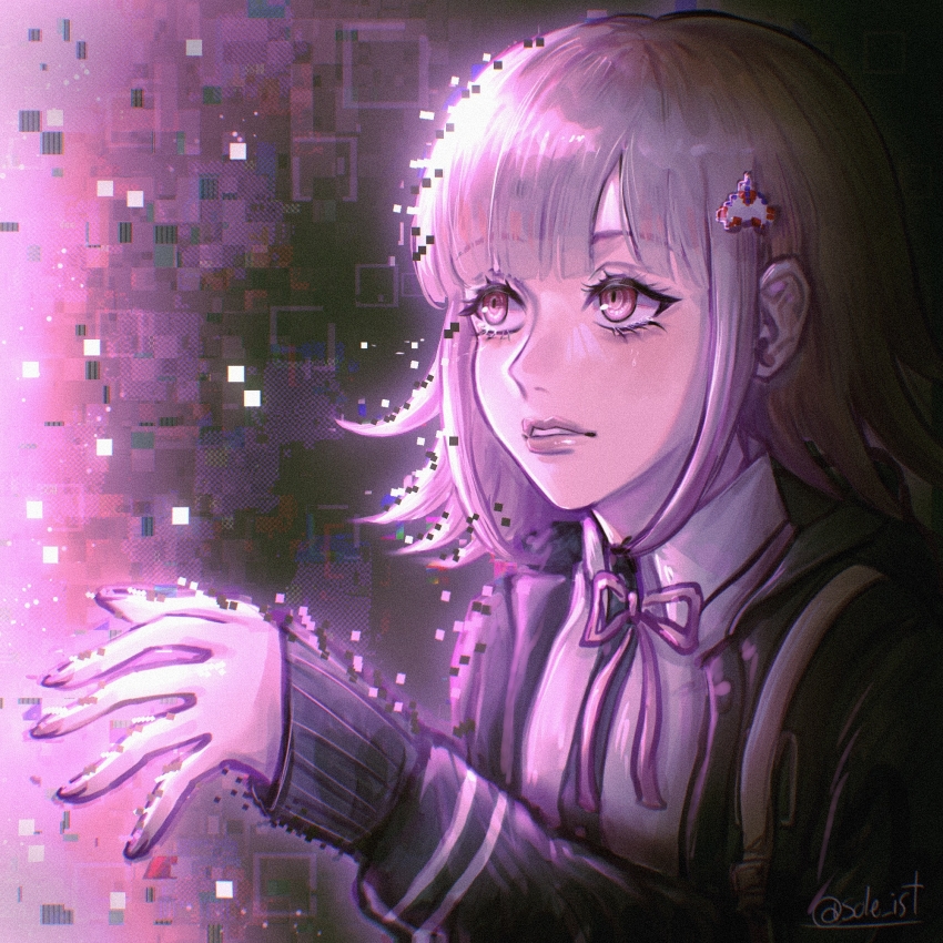 1girl, artist_name, black_shirt, blush, brown_hair, collared_shirt, danganronpa_(series), danganronpa_2:_goodbye_despair