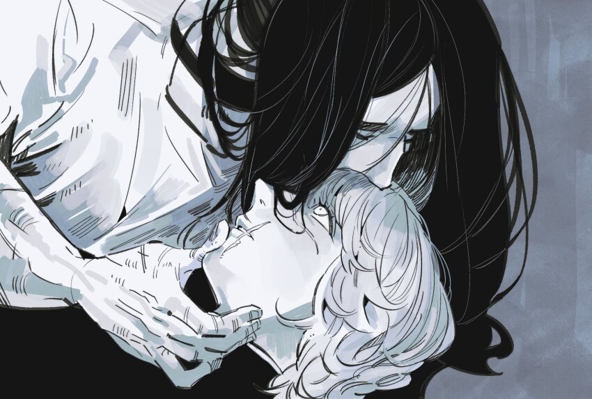 2boys, badeni, chi.:_chikyuu_no_undou_ni_tsuite, closed_eyes, collared_shirt, greyscale, hand_on_another's_chin, highres