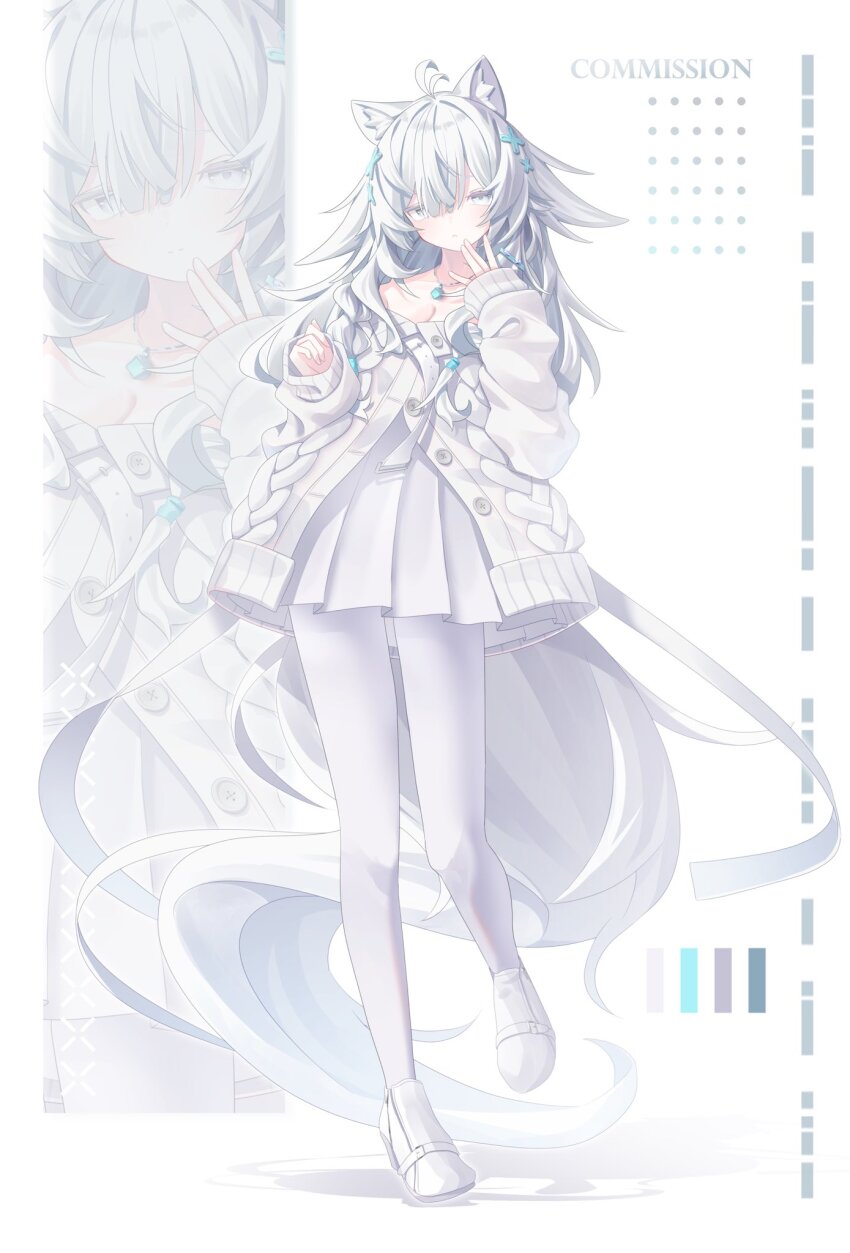 1girl, ahoge, alternate_costume, animal_ear_fluff, animal_ears, braid, cardigan, character_name