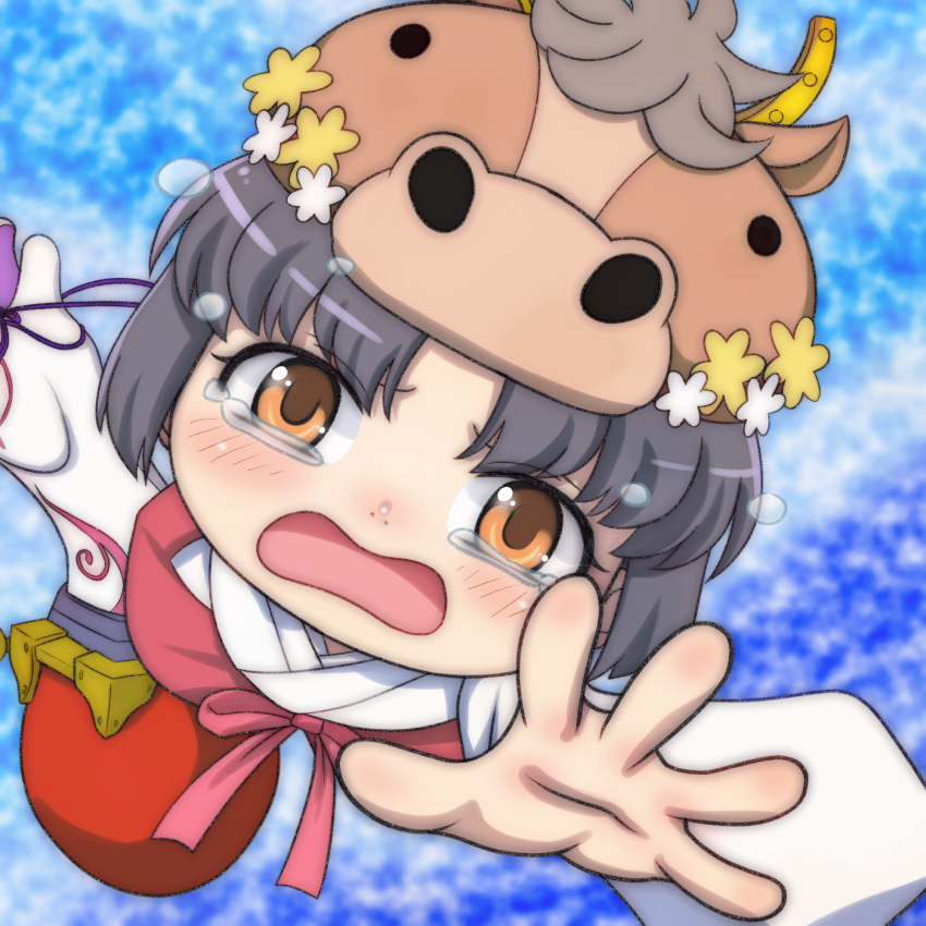 1girl, animal_hat, black_hair, blue_background, blush, brown_eyes, brown_hat, crying