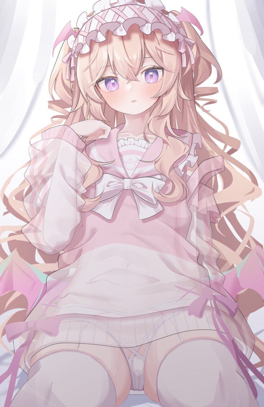 1girl, alternate_costume, blonde_hair, blush, bow, bowtie, cameltoe, curly_hair