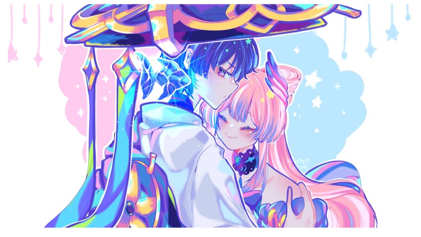 1boy, 1girl, absurdres, artist_name, bad_id, bad_twitter_id, bare_shoulders, bianca_lattei