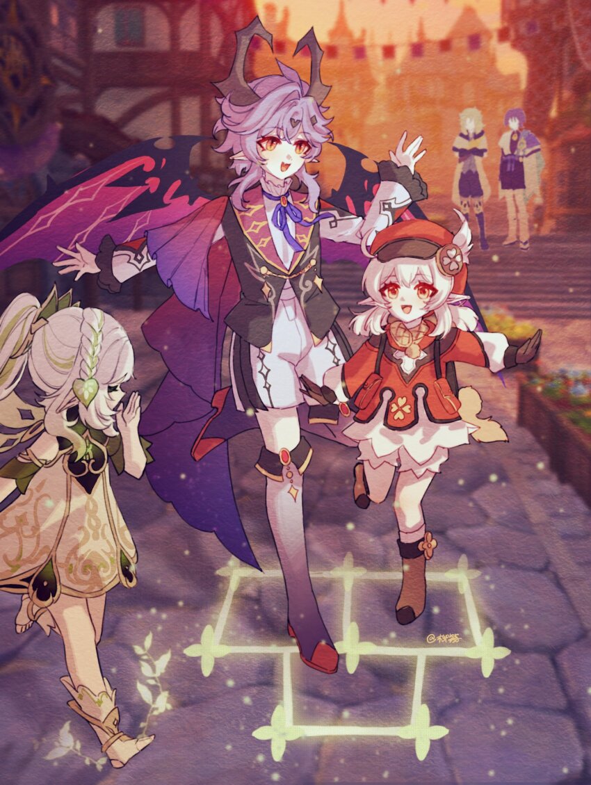 2girls, 3boys, ahoge, aiguillette, albedo_(genshin_impact), anklet, armlet, artist_name, black_horns, black_vest, bloomers, boots, braid, brooch, brown_boots, brown_gloves, building, cape, closed_eyes, covering_own_mouth, crossed_bangs, detached_sleeves, dragon_horns, dragon_wings, dress, durin_(genshin_impact), durin_of_dragonspine_(genshin_impact), dusk, european_architecture, eyelashes, facial_mark, facing_another, fang, feathers, foot_up, forehead_mark, frilled_sleeves, frills, genshin_impact, gloves, gold_trim, green_cape, green_hair, green_sleeves, grey_boots, hair_ornament, half_crown_braid, hand_over_own_mouth, hand_up, hat, hat_feather, highres, hopscotch, horns, humanization, jewelry, klee_(genshin_impact), lapels, leaf, leaf_hair_ornament, liuyun_(liuyun73492), long_hair, long_sleeves, mini_durin_(genshin_impact), mondstadt_city, multicolored_hair, multiple_boys, multiple_girls, nahida_(genshin_impact), newsboy_cap, open_hands, open_mouth, orange_eyes, orange_sky, outstretched_arms, playing, pointy_ears, pom_pom_(clothes), purple_cape, purple_hair, purple_ribbon, purple_wings, red_dress, red_eyes, red_hat, red_sleeves, ribbon, scaramouche_(genshin_impact), scarf, short_twintails, shorts, side_ponytail, sidelocks, skin_fang, sky, socks, spiked_wings, spoilers, stairs, stirrup_footwear, streaked_hair, string_of_flags, tareme, thigh_boots, toes, twintails, two-tone_sleeves, undershirt, underwear, vest, wanderer_(genshin_impact), white_bloomers, white_dress, white_feathers, white_hair, white_shorts, white_sleeves, white_socks, wings, yellow_scarf
