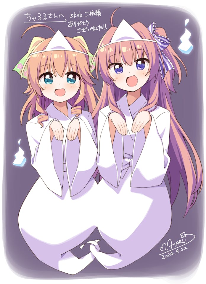 2girls, :d, azuse_matsuri, blonde_hair, blue_eyes, blush, border, brown_background