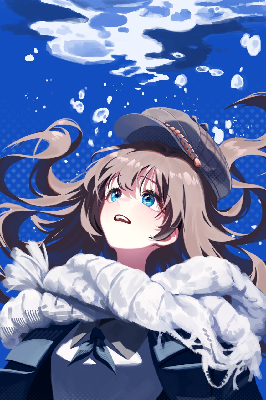 1girl, absurdres, air_bubble, black_neckerchief, blue_background, blue_coat, blue_eyes, brown_hair