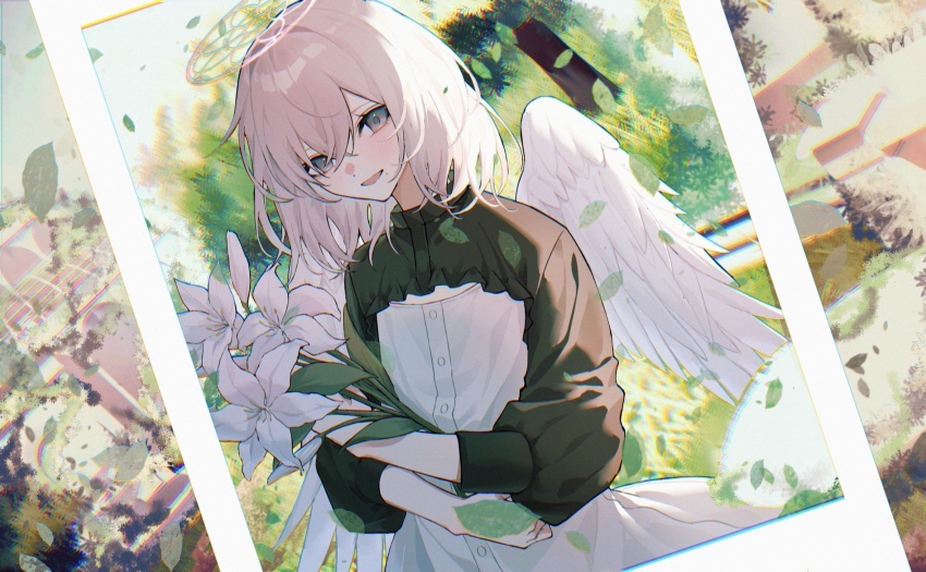 1girl, angel, black_shirt, bouquet, commentary_request, cowboy_shot, dress, fake_photograph