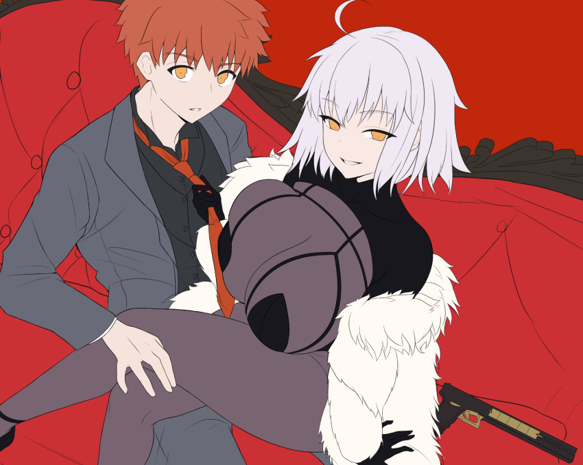 1boy, 1girl, animal_ears, anniversary, black_shirt, black_suit, breasts, brown_eyes