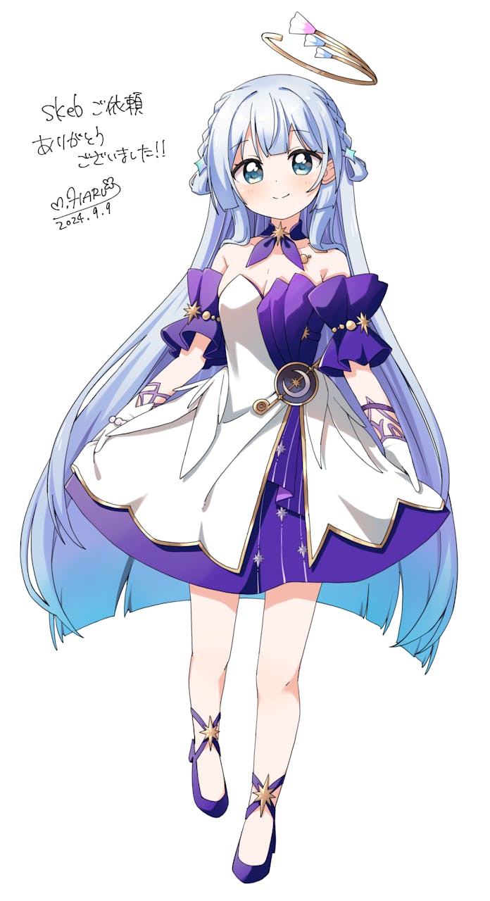 1girl, amahane_miran, bare_shoulders, blue_eyes, blue_hair, blunt_bangs, blunt_ends, blush