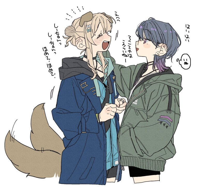 2girls, animal_ears, blonde_hair, blue_jacket, cowboy_shot, dayama, green_jacket, highres