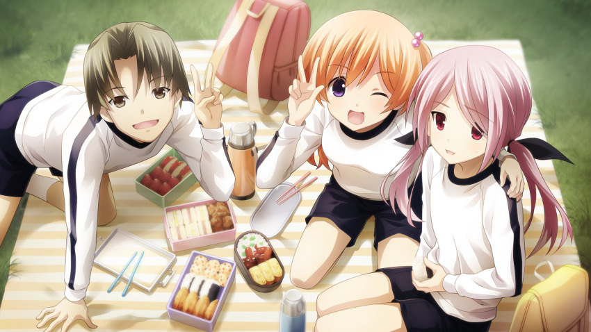 1boy, 2girls, aged_down, apple, arm_support, backpack, bag, beads