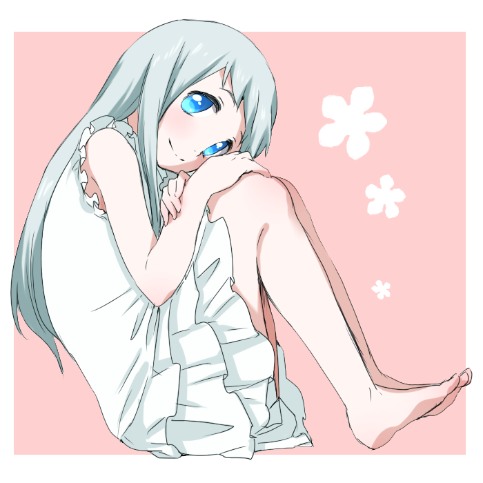 10s, 1girl, ano_hi_mita_hana_no_namae_wo_bokutachi_wa_mada_shiranai., bad_id, bad_pixiv_id, barefoot, blue_eyes, dress