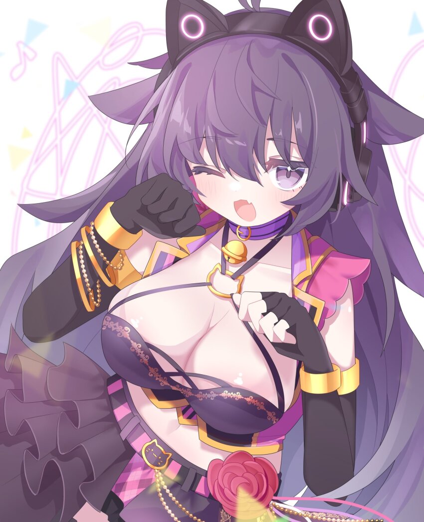 1girl, ;d, ahoge, alternate_costume, animal_ear_headphones, animal_ears, bell, belt