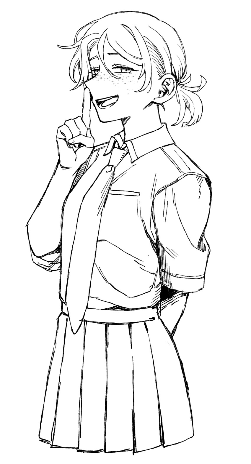 1girl, :d, alternate_hairstyle, arm_behind_back, breast_pocket, collared_shirt, commentary_request, cropped_legs