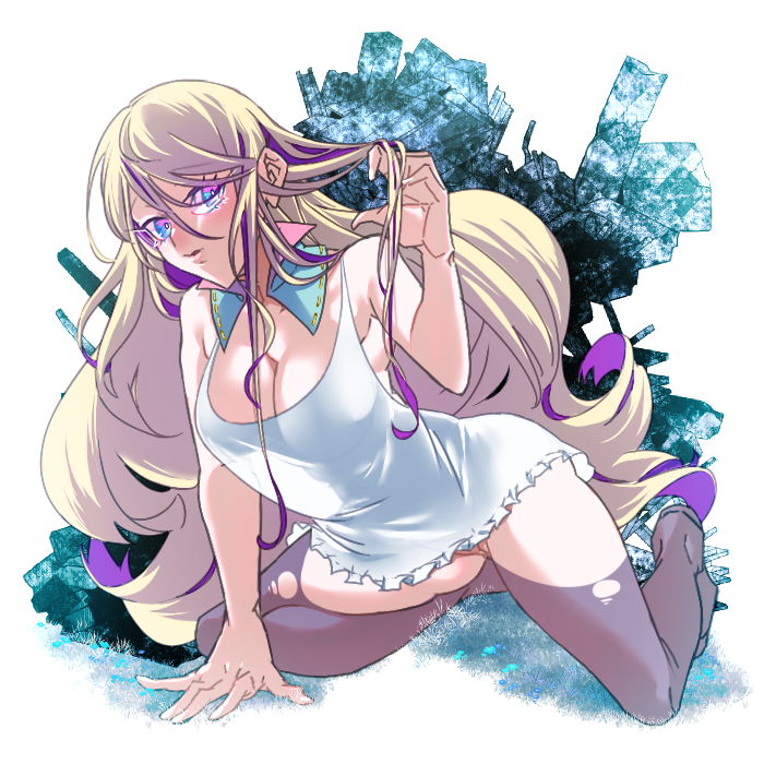 1girl, bare_shoulders, black_pantyhose, blonde_hair, blue_eyes, breasts, cleavage, diabellze_the_original_sinkeeper