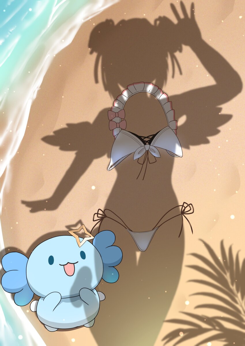 1girl, absurdres, akagawashake, amane_kanata, angel, angel_wings, beach, bikini, double_bun, dressed_shadow_(meme), female_pov, hair_bun, halo, highres, hololive, open_mouth, outdoors, pov, pov_shadow, sand, shadow, side-tie_bikini_bottom, silhouette, smile, solo, swimsuit, virtual_youtuber, water, white_bikini, wings